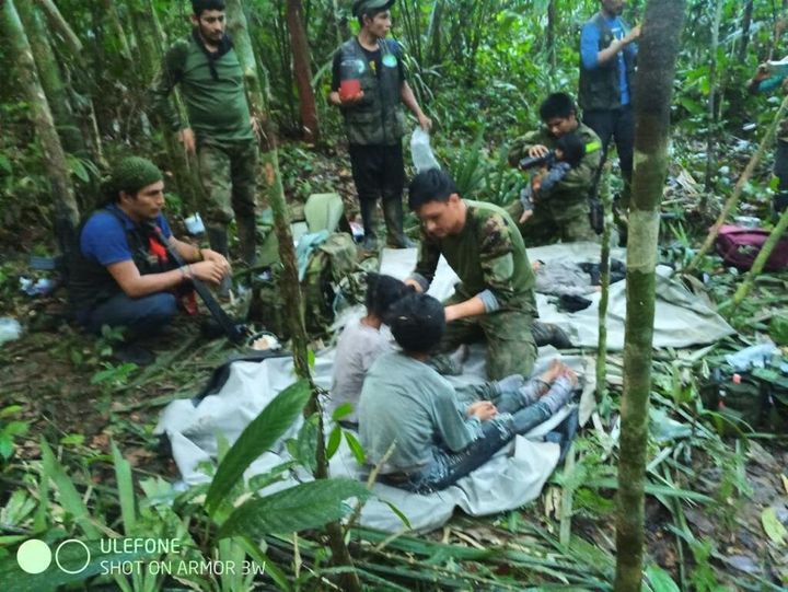 Colombian Military Forces help four children who survived 40 days in the Amazon jungle after their plane crashed in the department of Caqueta on June 9, 2023. 