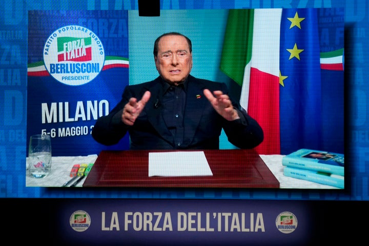 Silvio Berlusconi gestures as he talks in his video address during a Forza Italia party convention, in Milan, Italy, on May 6, 2023. 