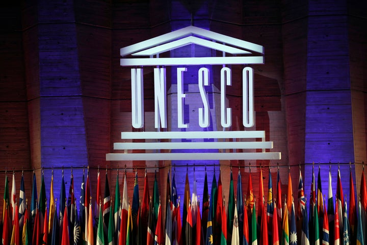 The logo of the United Nations Educational, Scientific and Cultural Organisation (UNESCO) is seen during the 39th session of the General Conference at the UNESCO headquarters in Paris, on Nov. 4, 2017.