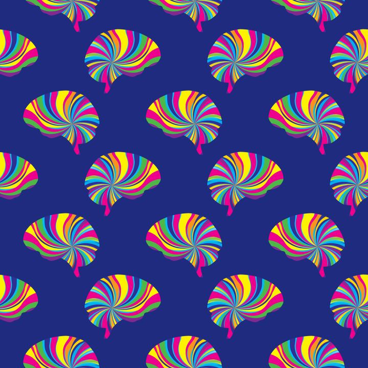Vector seamless pattern of psychedelic brains on a square blue background.