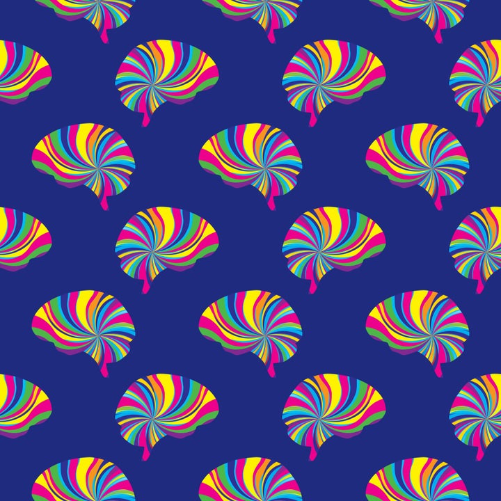 Vector seamless pattern of psychedelic brains on a square blue background.