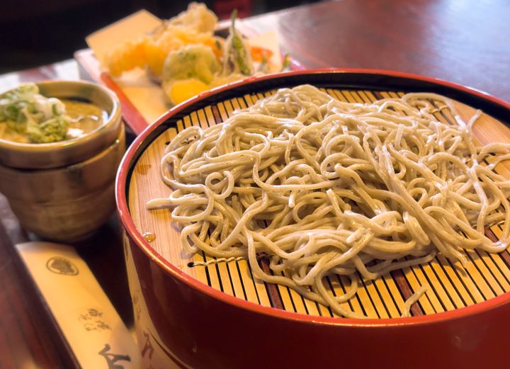 A close-up view of a zaru soba noodle dish at a restaurant in the historic post town of Narai along the Nakasendo Way on Nov. 11, 2022, in Nagano Prefecture, Japan. 