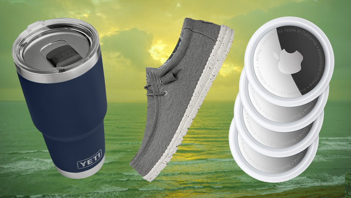 Yeti tumbler, Hey Dude walking shoes, four-pack of Apple AirTags