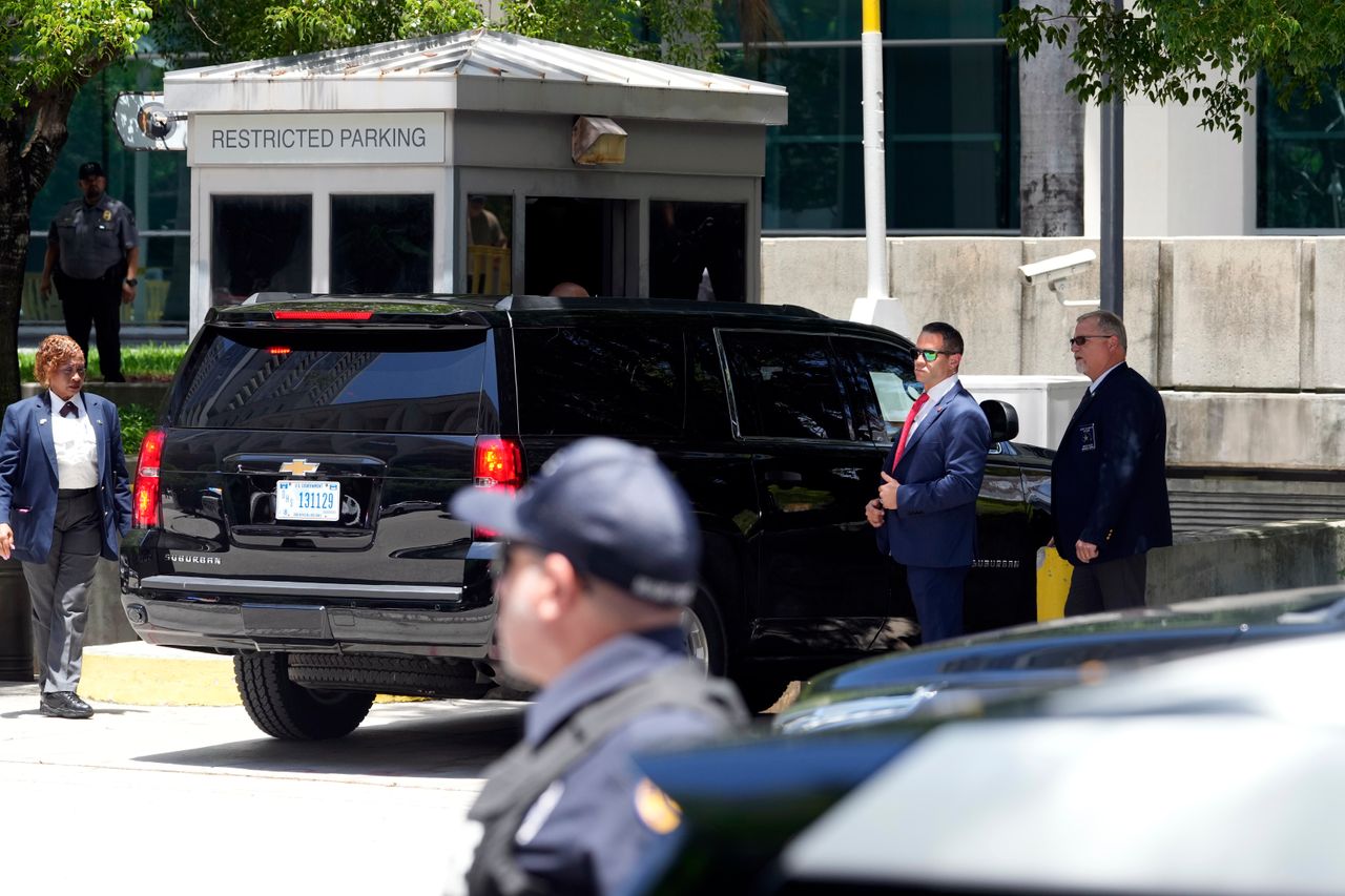 The motorcade carrying former President Donald Trump arrives at the Wilkie D. Ferguson Jr. US Courthouse on June 13 in Miami.