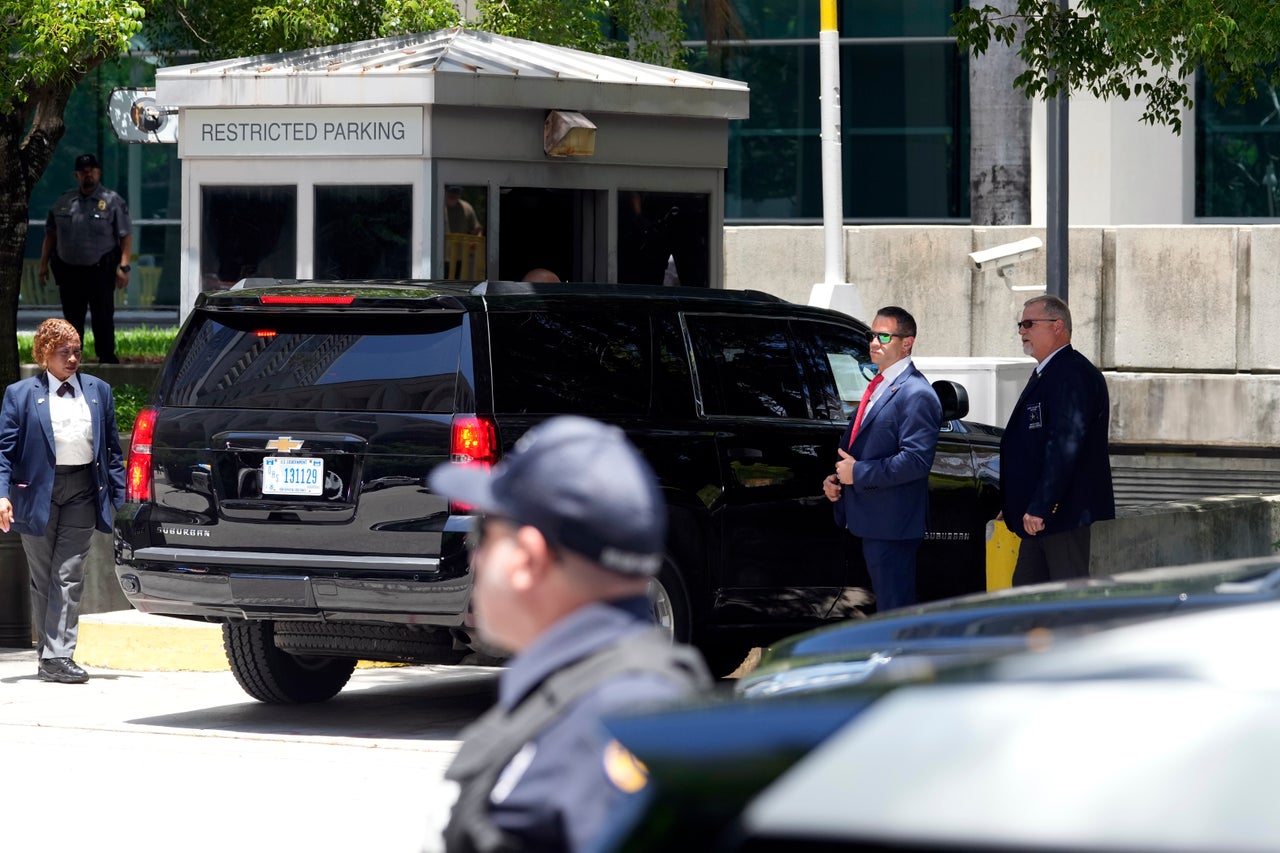 The motorcade carrying former President Donald Trump arrives at the Wilkie D. Ferguson Jr. U.S. Courthouse on June 13 in Miami.