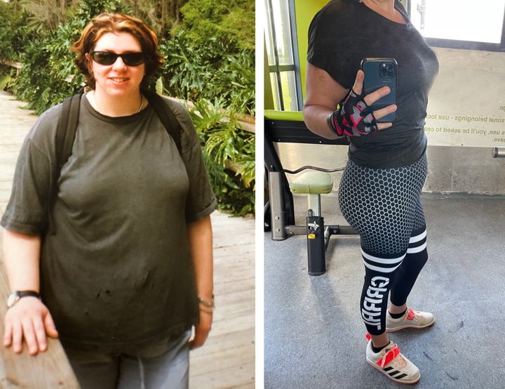 The author before and after she lost over 85 pounds.