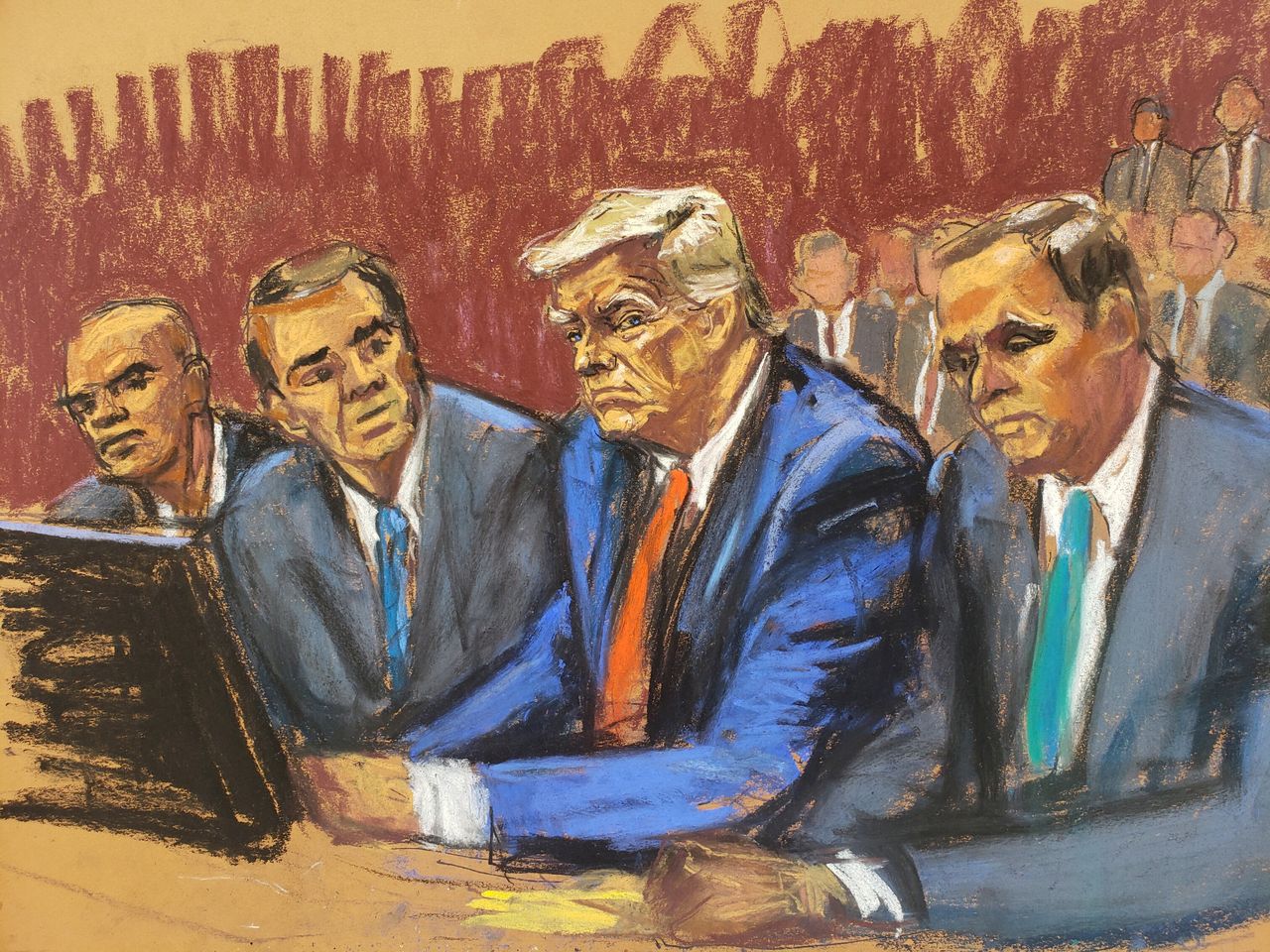 A courtroom sketch shows Trump as he appears on a federal indictment at Wilkie D. Ferguson Jr. United States Courthouse, alongside his aide Walt Nauta and attorneys Chris Kise and Todd Blanche in Miami. 