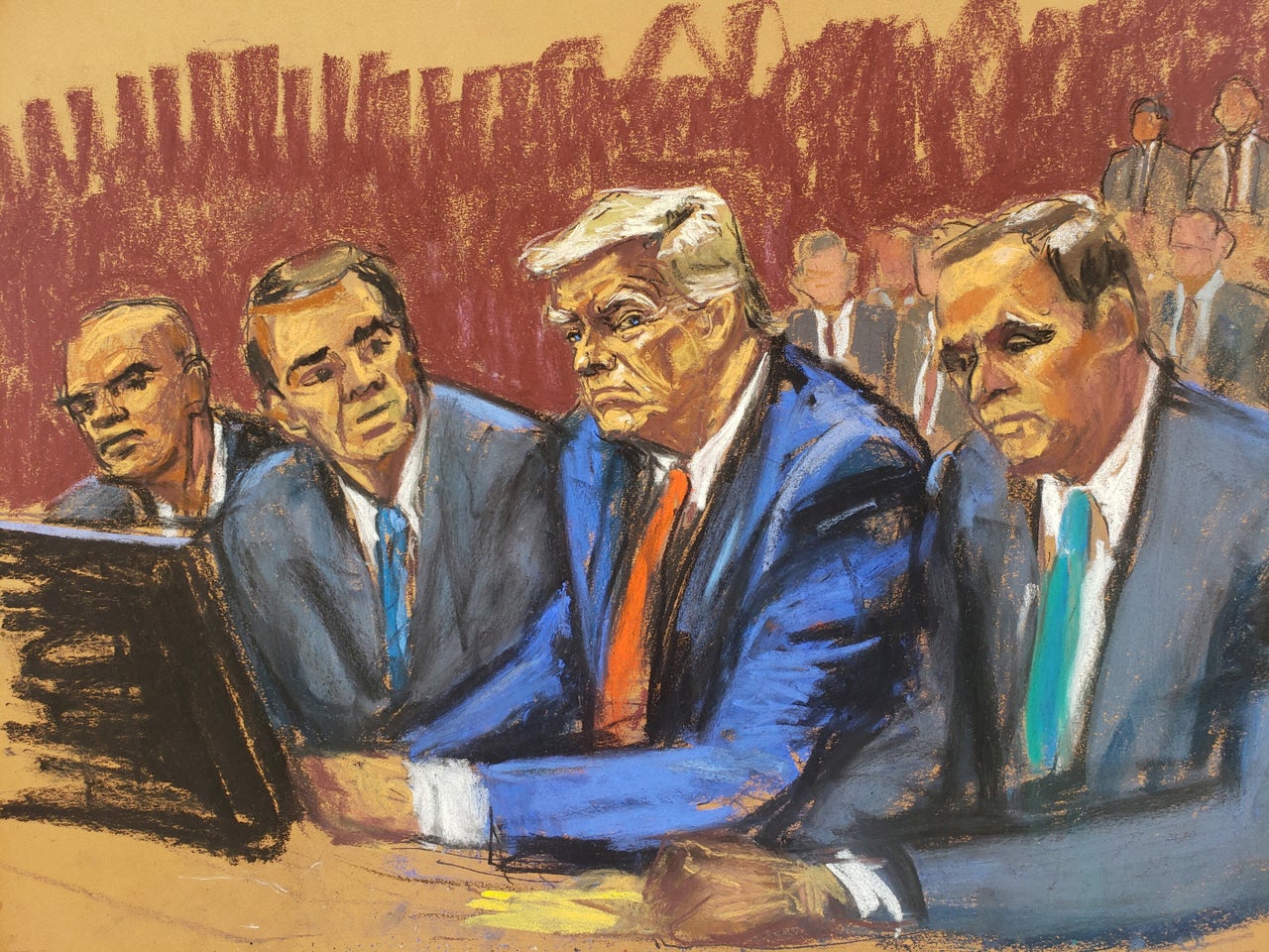 A courtroom sketch shows Trump as he appears on a federal indictment at Wilkie D. Ferguson Jr. United States Courthouse, alongside his aide Walt Nauta and attorneys Chris Kise and Todd Blanche in Miami.