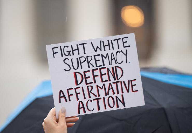Protesters gather in front of the U.S. Supreme Court as affirmative action cases involving Harvard and the University of North Carolina admissions are heard on Oct. 31, 2022. 