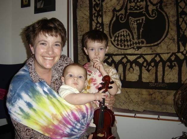 The author with her sons on the second floor of the Gustafson Fine Arts Center at Bob Jones University in August 2006. 
