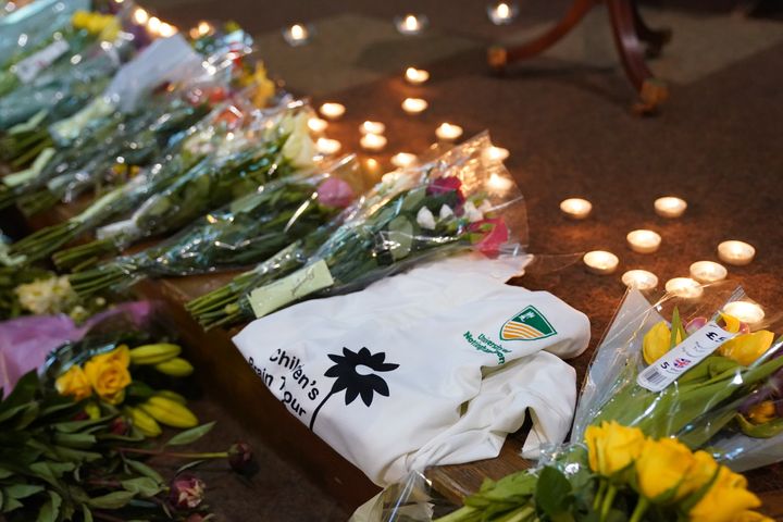 Flowers at a vigil at St Peter's church in Nottingham, as a 31-year-old man has been arrested on suspicion of murder after three people were killed in Nottingham city centre early on Tuesday morning. Picture date: Tuesday June 13, 2023. (Photo by Jacob King/PA Images via Getty Images)