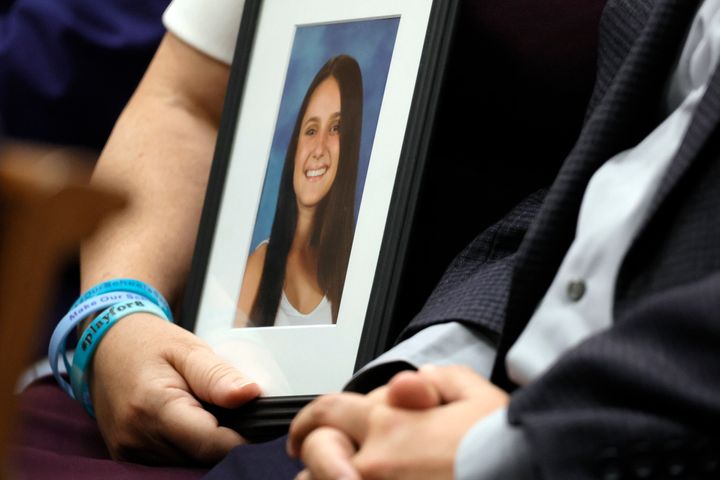 Lori Alhadeff holds a picture of her daughter during the sentencing hearing for Parkland shooter Nikolas Cruz in Fort Lauderdale, Florida, on Nov. 2, 2022.