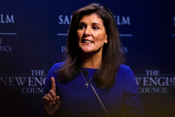 Republican presidential candidate Nikki Haley gestures while addressing a breakfast gathering at Saint Anselm College, Wednesday, May 24, 2023, in Manchester, N.H. (AP Photo/Charles Krupa)