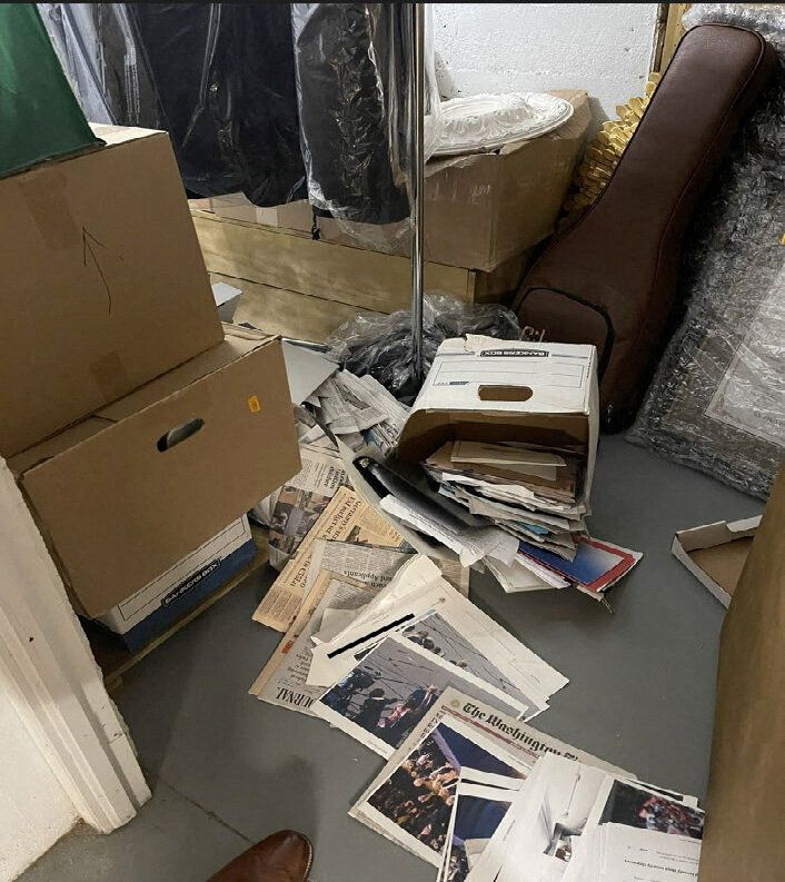 A photo the Justice Department added to its charging document against Donald Trump shows a box of documents, including one classified document, spilled onto the floor of a storeroom at Mar-a-Lago in early 2021. The Justice Department said it edited the image, which it said was taken by Trump's fellow defendant Walt Nauta, to obscure secret information that was visible in the photo. 