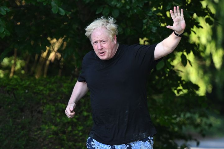 Boris Johnson is seen on his morning run ahead of the publication of the privileges committee report (Photo by Leon Neal/Getty Images)