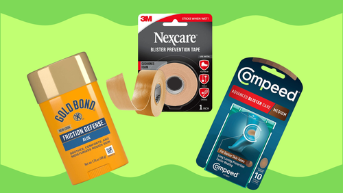 Gold Bond friction defense gel, Nexcare blister prevention tape, Compeed blister care.
