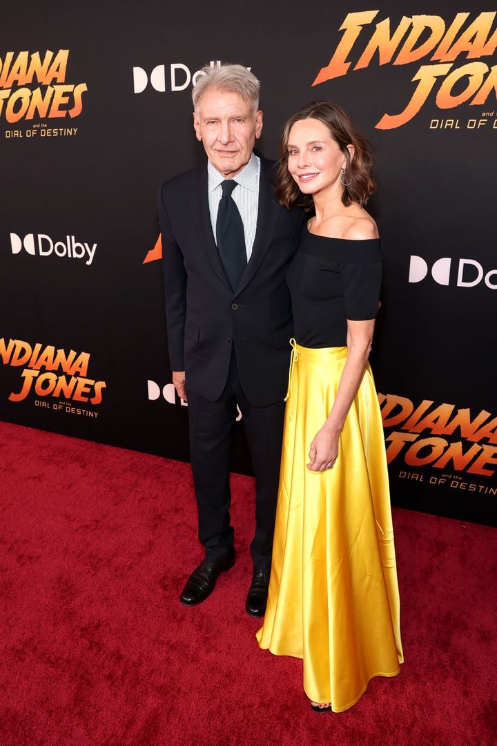 Harrison Ford (left) and Calista Flockhart at the premiere of "Indiana Jones and the Dial of Destiny" in Los Angeles. 