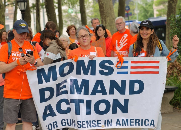 Marchers with gun safety advocacy group Moms Demand Action, which has been calling for stronger restrictions on guns for a decade.