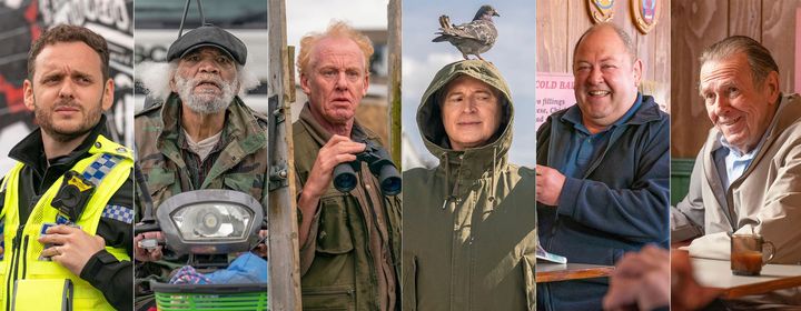 (Από αριστερά προς τα δεξιά) οι Wim Snape, Paul Barber, Steve Huison, Robert Carlyle, Mark Addy και Tom Wilkinson σε σκηνές από τη σειρά "The Full Monty". 