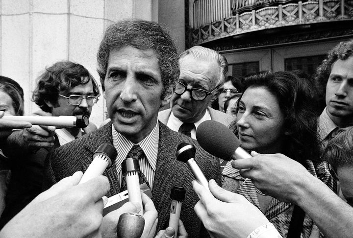 Daniel Ellsberg, co-defendant in the Pentagon Papers case, talks to reporters in Los Angeles on April 28, 1973, after the judge in the case released a government memorandum saying G. Gordon Liddy and E. Howard Hunt, convicted Watergate conspirators, had burglarized the office of Ellsberg's psychiatrist.