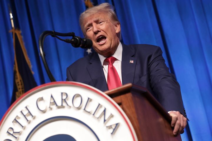 Former U.S. President Donald Trump delivers remarks on June 10, 2023, in Greensboro, North Carolina. Trump spoke during the North Carolina Republican Party’s annual state convention two days after becoming the first former U.S. president indicted on federal charges.