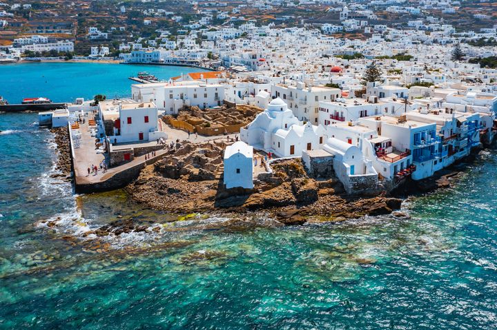 Aerial view of Little Venice and harbour. Mykonos, Cyclades, Greece