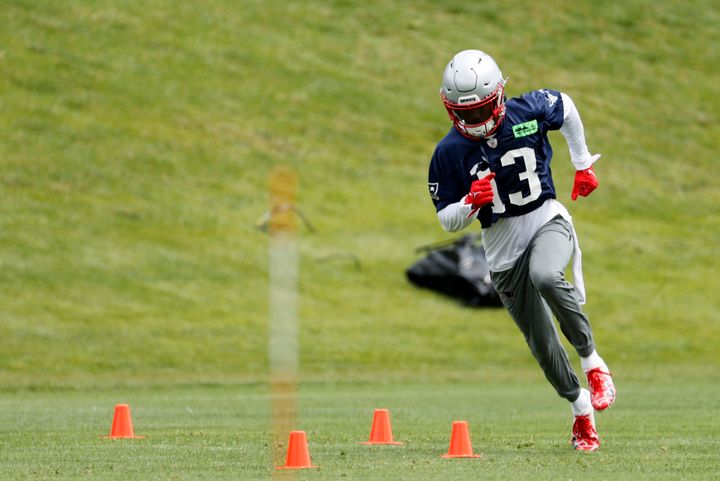 FOXBOROUGH, MA - JUNE 13: New England Patriots defensive back Jack Jones (13) runs the agility course during New England Patriots Minicamp on June 13, 2023, at the Patriots Practice Facility at Gillette Stadium in Foxborough, Massachusetts. (Photo by Fred Kfoury III/Icon Sportswire via Getty Images)