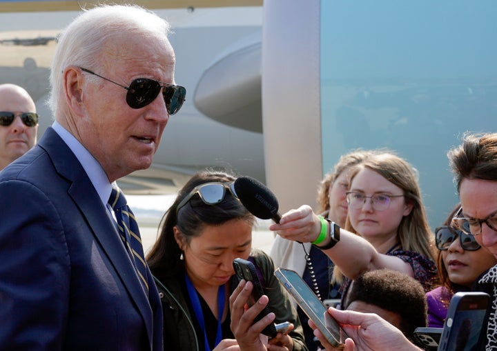 President Joe Biden speaks to members of the media before boarding Air Force One at Andrews Air Force Base, Md., for a trip to Philadelphia, Saturday, June 17, 2023. (AP Photo/Manuel Balce Ceneta)