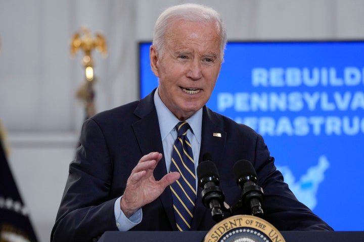 President Joe Biden speaks about the Interstate 95 highway collapse after an aerial tour of the site at Philadelphia International Airport in Philadelphia, Saturday, June 17, 2023. (AP Photo/Manuel Balce Ceneta)