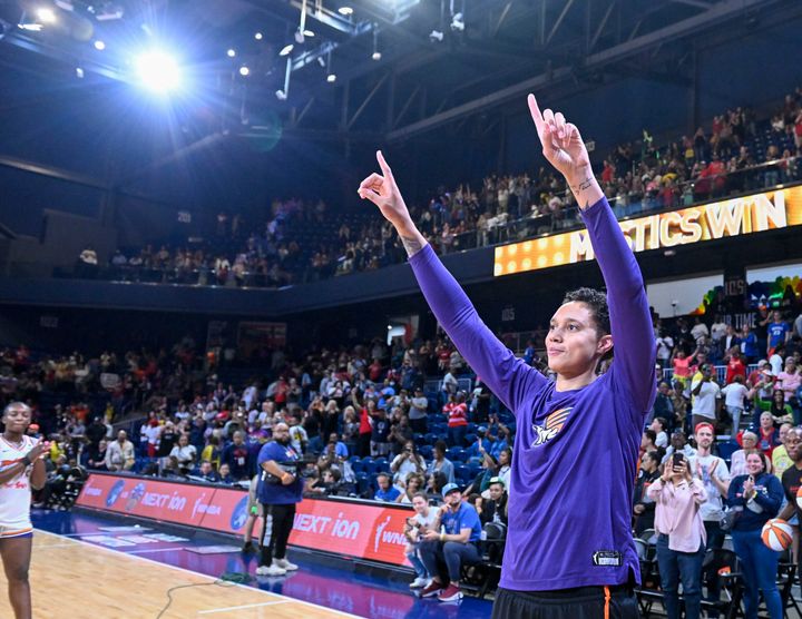 WASHINGTON, DC - JUNE 16: Phoenix Mercury center Brittney Griner (42) acknowledges the fans as she leaves the court after their loss to the Washington Mystics at the Entertainment Sports Arena on June 16, 2023. (Photo by Jonathan Newton/The Washington Post via Getty Images)