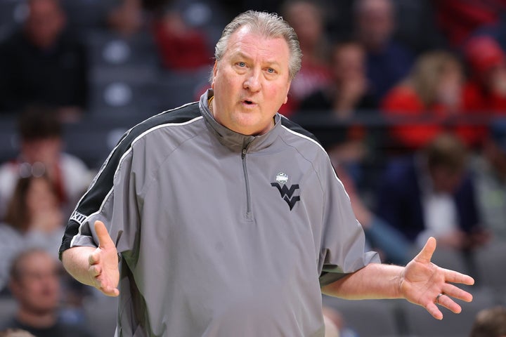BIRMINGHAM, ALABAMA - MARCH 16: Head coach Bob Huggins of the West Virginia Mountaineers reacts during the first half against the Maryland Terrapins in the first round of the NCAA Men's Basketball Tournament at Legacy Arena at the BJCC on March 16, 2023 in Birmingham, Alabama. (Photo by Kevin C. Cox/Getty Images)