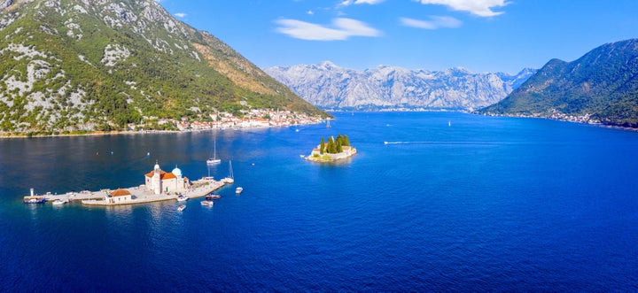 Aerial panoramic view of Perast village and Kotor bay in Montenegro