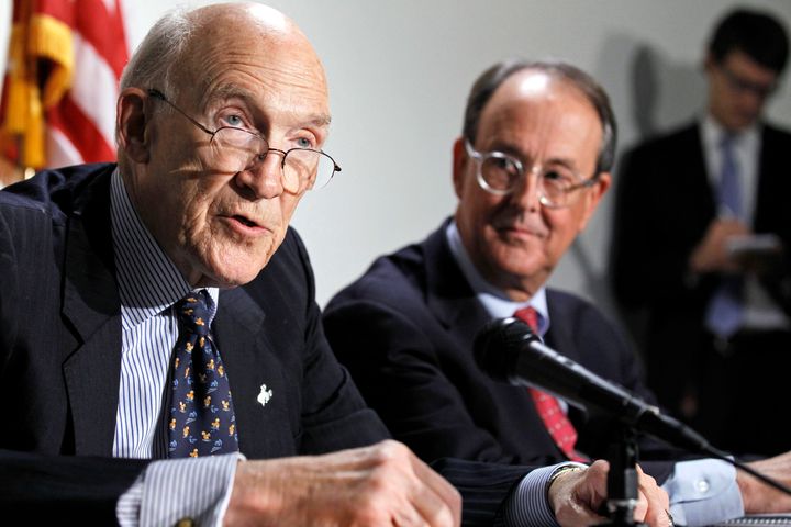 Former Sen. Alan Simpson (left) and former White House Chief of Staff Erskine Bowles take part in a news conference in 2010. The pair led a high-profile deficit reduction commission that year often referred to as Simpson-Bowles.