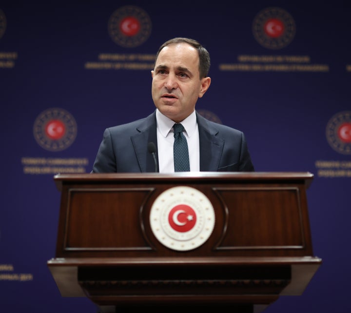 ANKARA, TURKEY - OCTOBER 21: Spokesperson of the Turkish Foreign Ministry, Ambassador Tanju Bilgic makes a speech as he holds a press briefing in Ankara, Turkey on October 21, 2021. (Photo by Cem Ozdel/Anadolu Agency via Getty Images)