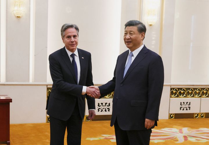 U.S. Secretary of State Antony Blinken shakes hands with Chinese President Xi Jinping in the Great Hall of the People in Beijing, China, on June 19, 2023. 