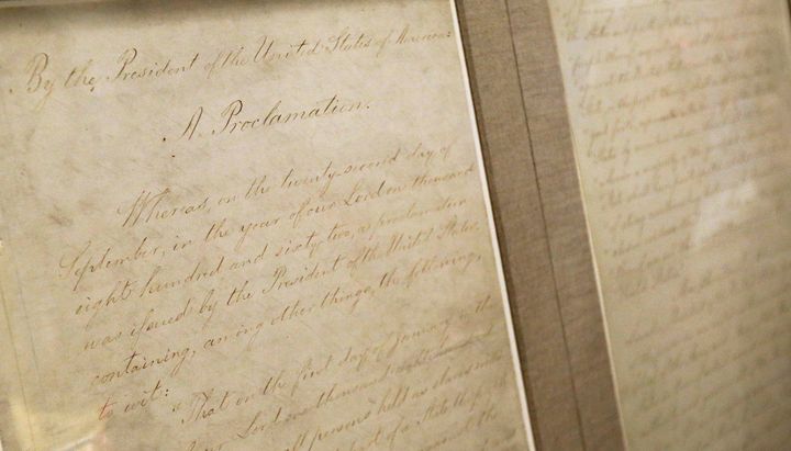 The first two pages of the Emancipation Proclamation are seen at a temporary exhibit in Nashville in 2013. 