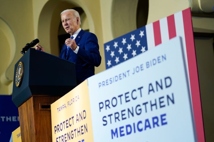 FILE - President Joe Biden speaks about his administration's plans to protect Social Security and Medicare and lower healthcare costs, Feb. 9, 2023, at the University of Tampa in Tampa, Fl