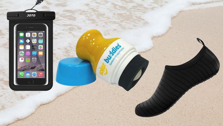 A waterproof phone pouch, a refillable roll-on sunscreen applicator and a pair of beach socks. 