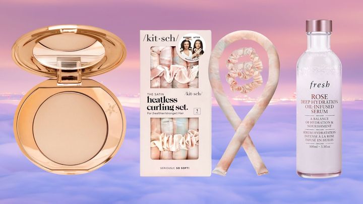 A mini Charlotte Tilbury pressed powder, a heatless curling rod and a rose and squalane oil-infused serum.