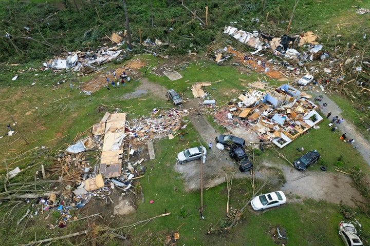 LOUIN, MISSISSIPPI - JUNE 19: In this aerial view, tornado damage to homes is seen on Country Road 16142 on June 19, 2023 in Louin, Mississippi, including a home at left where a woman was killed. (Photo by Michael DeMocker/Getty Images)