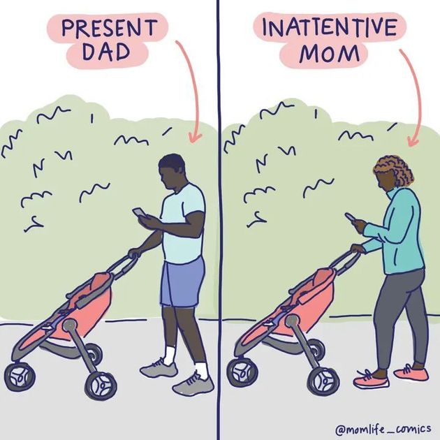 Instagramからのイラスト：「育児中のパパ」と「不注意なママ」 