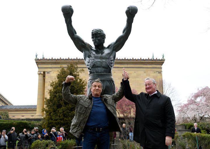 Sylvester Stallone with Philadelphia Mayor Jim Kenney at the Rocky statue in Philadelphia in 2018.