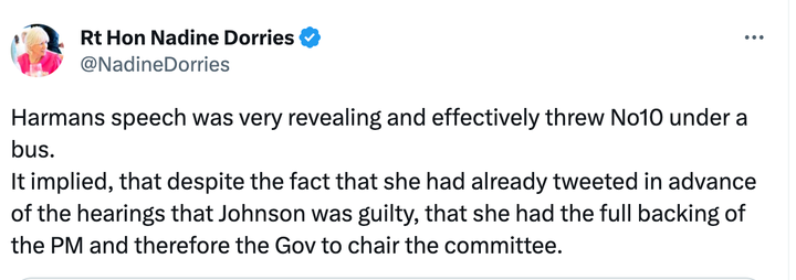 Nadine Dorries's tweet suggesting Rishi Sunak had approved of Harman continuing as committee chair.