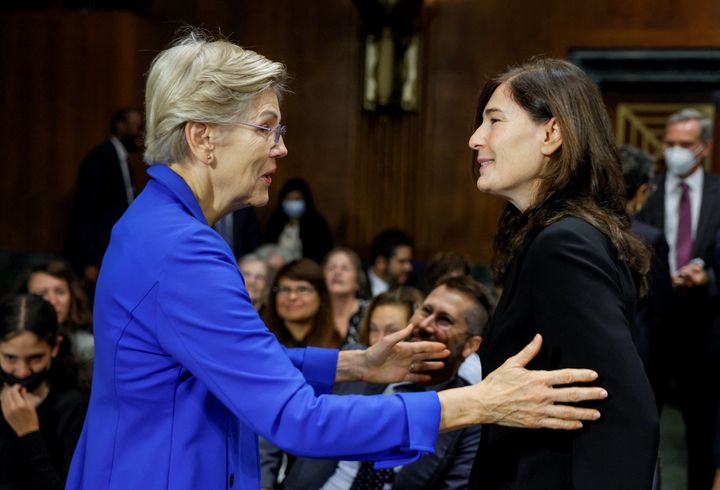 Sen. Elizabeth Warren (D-Mass.), who recommended Rikelman to the White House for a federal judgeship, is shown greeting her ahead of the Senate confirmation hearing.