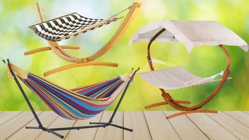 From left: A double cotton hammock, pillow top hammock and a hammock with a built-in canopy from Wayfair.
