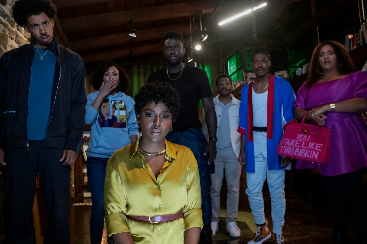 Melvin Gregg as King, Grace Byers as Allison, Antoinette Robertson as Lisa, Sinqua Walls as Nnamdi, Jermaine Fowler as Clifton, Dewayne Perkins as Dewayne, and Xochitl Mayo as Shanika in "The Blackening."