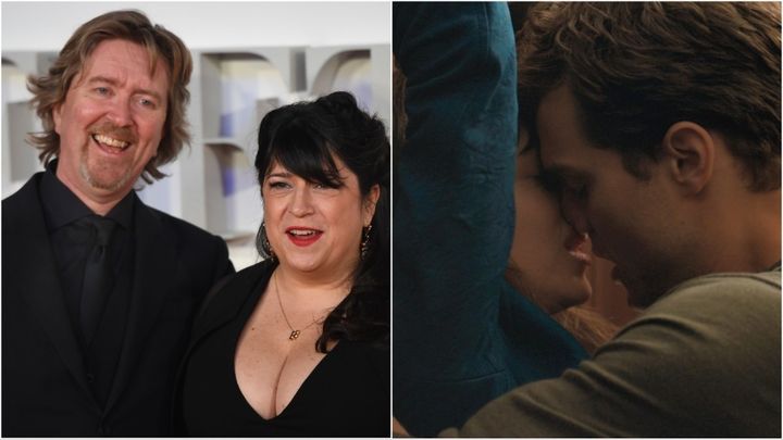 E.L. James and her husband, Niall Leonard (left); Dakota Johnson and Jamie Dornan in a scene from "Fifty Shades of Grey."