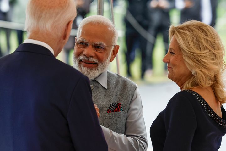 President Joe Biden and first lady Jill Biden welcome India Prime Minister Narendra Modi to the White House on Wednesday. Modi will join Joe Biden in the Oval Office on Thursday for bilateral talks before speaking to a joint session of Congress.