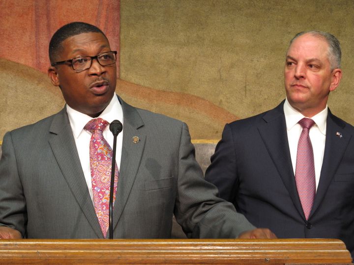 Former Louisiana Transportation Secretary Shawn Wilson (D), left, is seeking to succeed Gov. John Bel Edwards (D), right. He has struck a more liberal tone than Edwards on abortion.