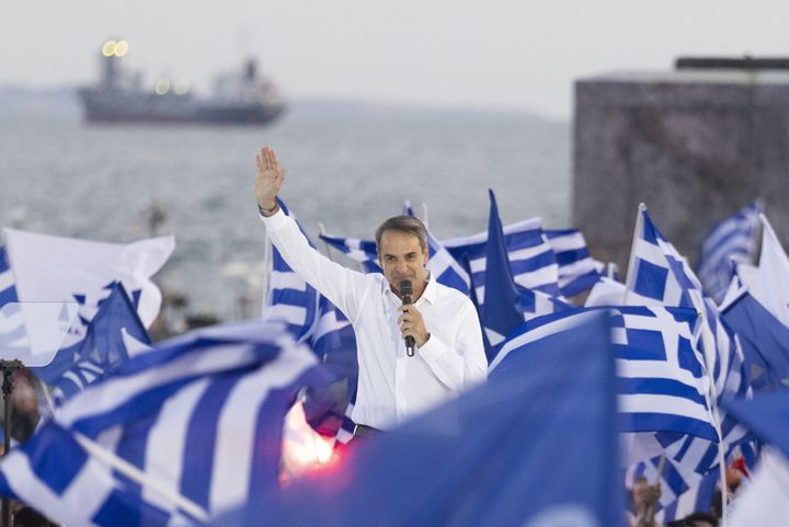 Kyriakos Mitsotakis, the party leader of New Democracy, holds a pre-election rally in Thessaloniki, Greece.